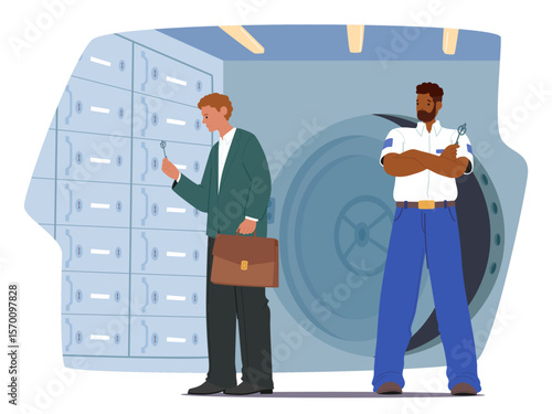 Businessman client saving securities and money for investment at bank safe under protection scene