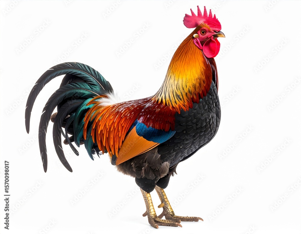 Fototapeta premium Colorful Rooster with Vibrant Feathers on White Background