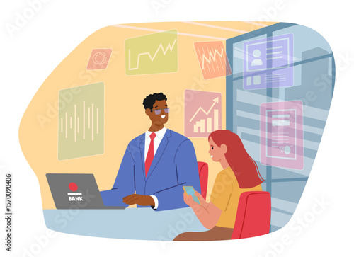 Bank assistant helping woman client to use electronic services in smartphone for financial operation