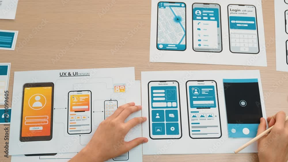 Top view video of startup company UI or UX developer joining hand over user interface prototype for mobile application web on table as productive teamwork and trustworthy business partner. Synergic