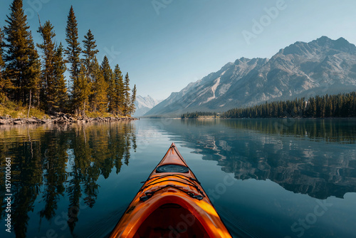 Fototapeta Naklejka Na Ścianę i Meble -  A kayak glides across a tranquil lake reflecting majestic mountains and lush pine trees. The scene captures a peaceful summer day perfect for outdoor adventure