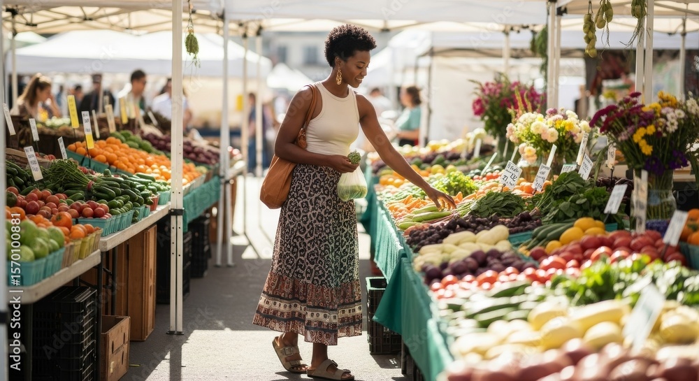 Obraz premium Beautiful black woman shopping at an open air Farmers Market, Fresh Food, Fresh Fruit and Vegetables, Hand made crafts