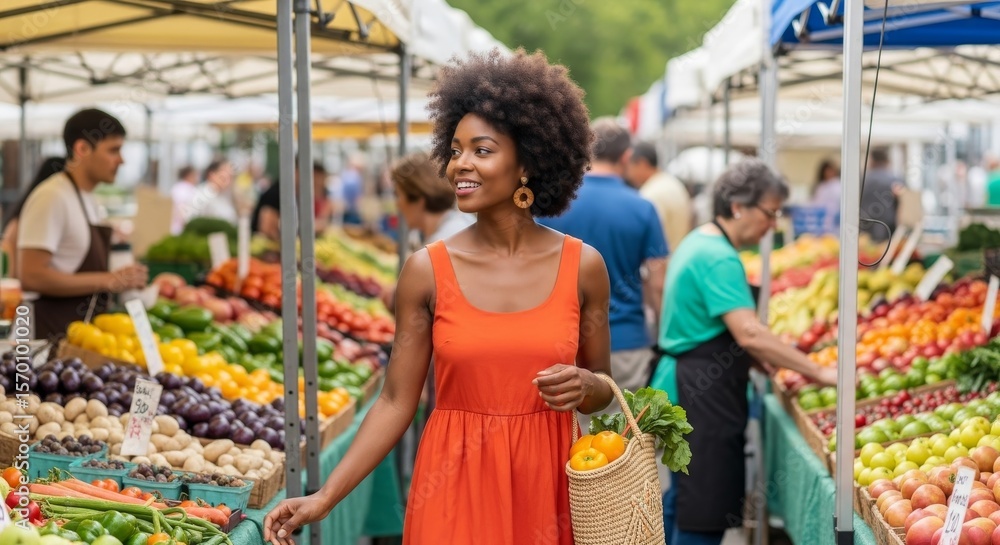 Obraz premium Beautiful black woman shopping at an open air Farmers Market, Fresh Food, Fresh Fruit and Vegetables, Hand made crafts