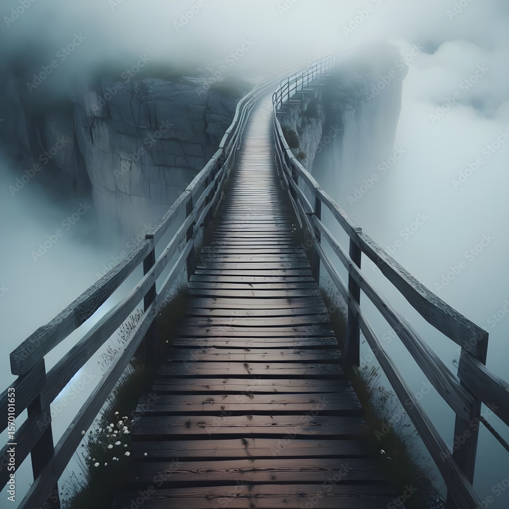 Fototapeta premium Bridge Into the Fog – A Journey Through Uncertainty for Anxiety Healing.