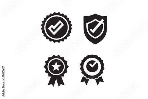 Set of black and white quality assurance icons.This image features a collection of four black and white icons representing quality assurance.