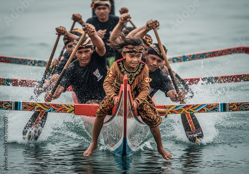 Young paddler leads a traditional Indonesian dragon boat race with power and cultural pride, demonstrating strength and heritage on the water.