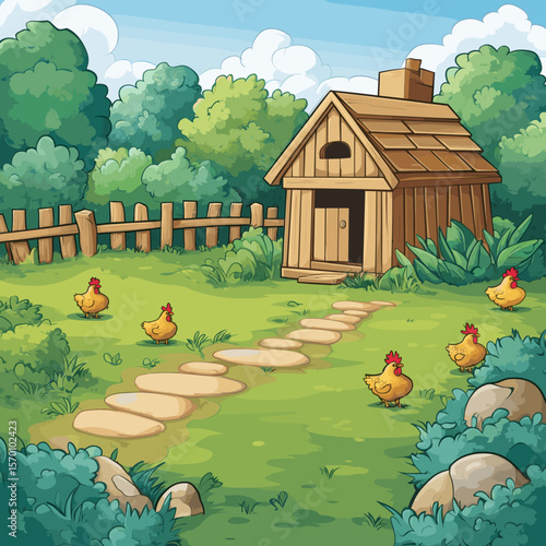 Charming farmhouse scene with chickens