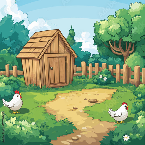 Charming farmhouse scene with chickens