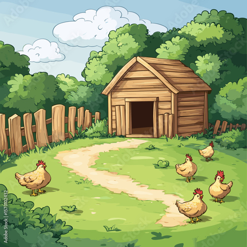 Charming farmhouse scene with chickens