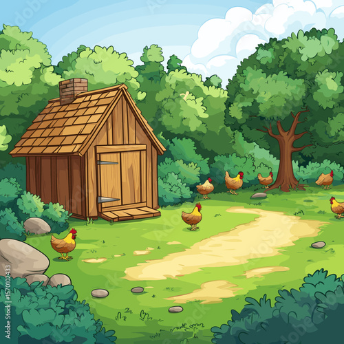 Charming farmhouse scene with chickens