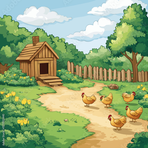 Charming farmhouse scene with chickens