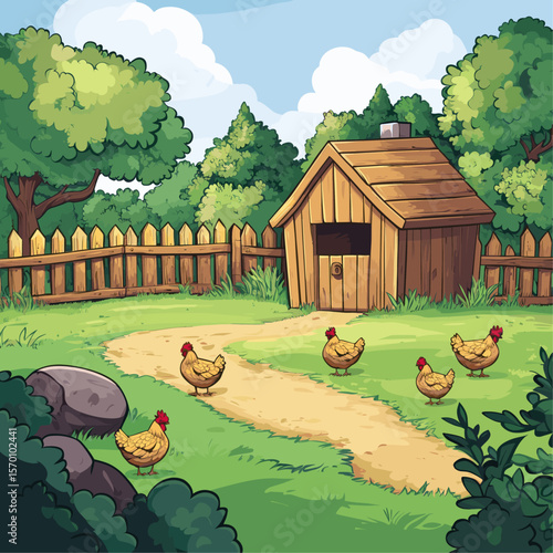 Charming farmhouse scene with chickens