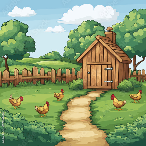 Charming farmhouse scene with chickens