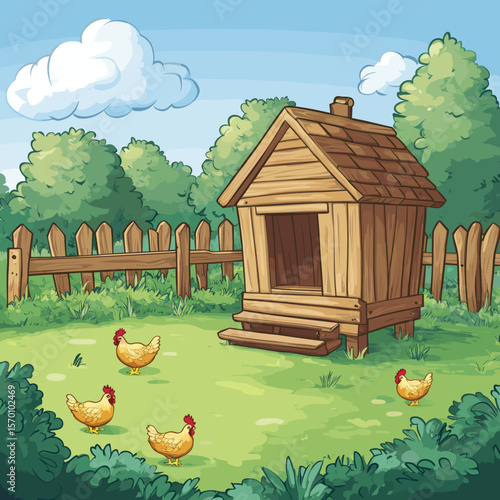 Charming farmhouse scene with chickens