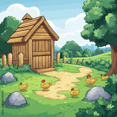 Charming farmhouse scene with chickens