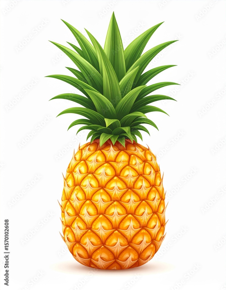 Fototapeta premium Ripe Yellow Pineapple with Green Leaves on White Background