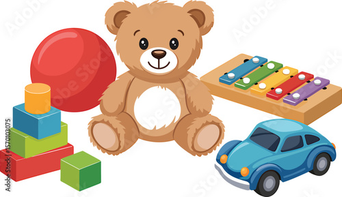 Illustration of a teddy bear, xylophone, toy car, ball and stacking blocks