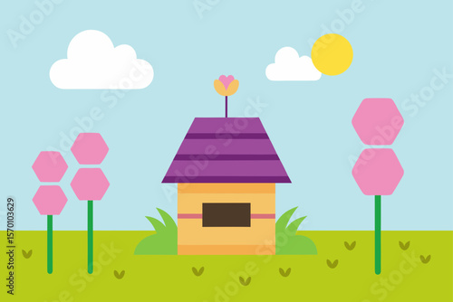 house with flowers and birds