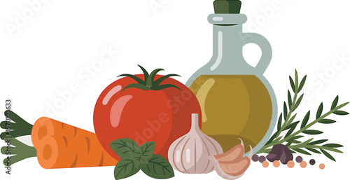 Illustration of tomato carrot oil basil garlic rosemary and peppercorns still life
