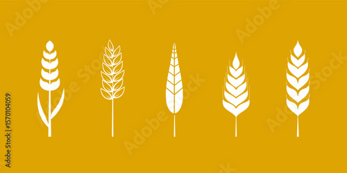 Minimalist wheat vector illustration logo featuring five distinct wheat stalks in white color isolated on vibrant golden background, ideal for agricultural themes, food packaging or organic products.