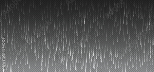Rainfall texture isolated on transparent cloud background. Vertical streaks of rain with downpour effect, perfect for hail rainy or rain snow weather season, clear storm rain png overlay vector design