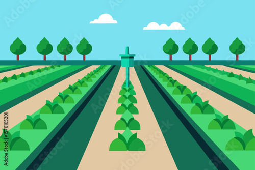 lush green rows under automated drip system