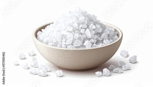 White Salt Crystals in a Bowl on White Background