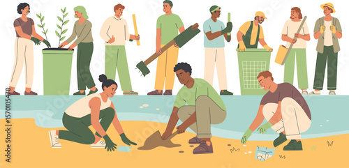 Illustration of people cleaning up a beach and planting trees in green containers