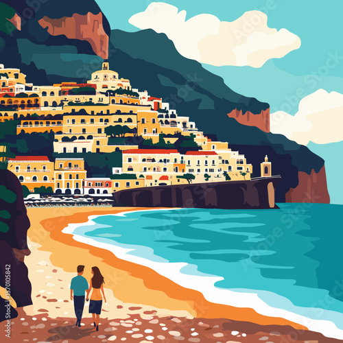 Colorful Coastal Village Overlooking the Sea