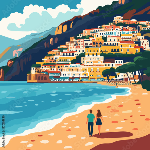 Colorful Coastal Village Overlooking the Sea