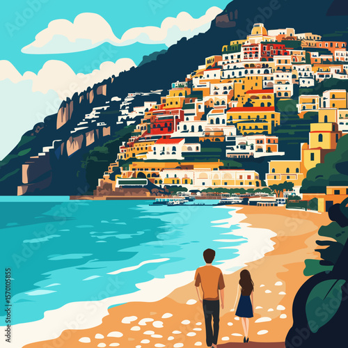 Colorful Coastal Village Overlooking the Sea