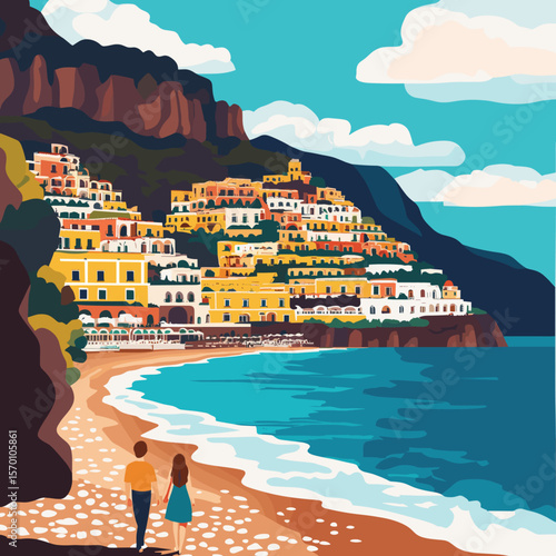 Colorful Coastal Village Overlooking the Sea