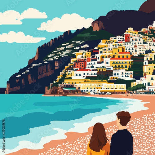 Colorful Coastal Village Overlooking the Sea