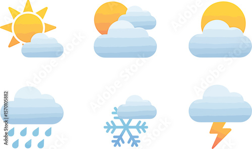 Weather icons showing sun cloud rain snowflake and thunder on a white background