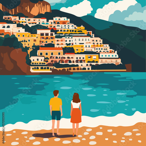 Colorful Coastal Village Overlooking the Sea