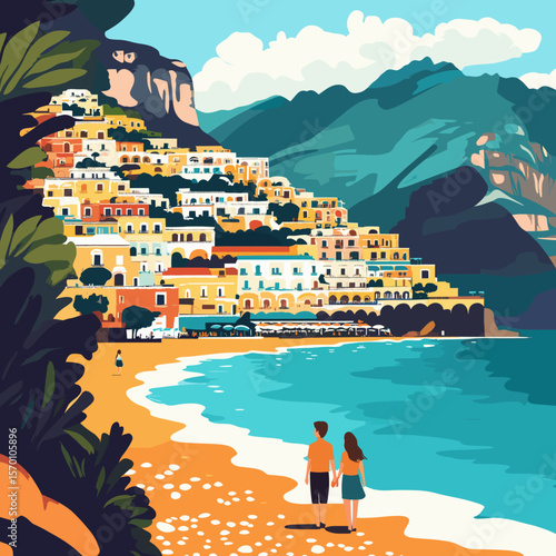 Colorful Coastal Village Overlooking the Sea