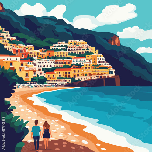 Colorful Coastal Village Overlooking the Sea