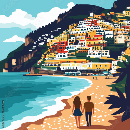 Colorful Coastal Village Overlooking the Sea