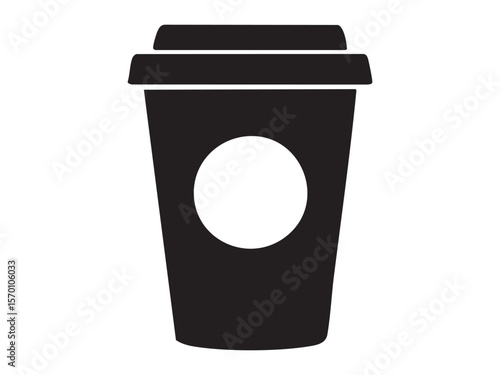 Black silhouette of a takeout coffee cup isolated on a white background, graphic illustration. concept of beverage, caffeine, drink, caffeine fix, icon, logo, design element