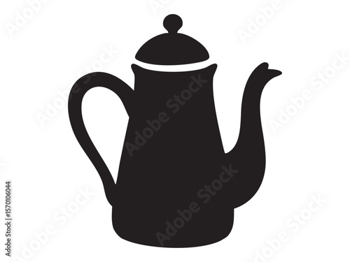 Black silhouette of a classic teapot in side view, isolated on white background, graphic illustration. concept of kitchenware, tea making, home decor, icon, design element.