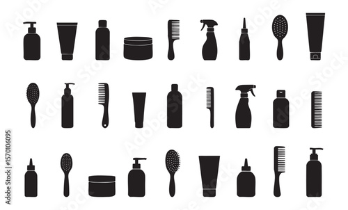 Black silhouettes of hair care products and tools, isolated on white background, graphic illustration. concept of beauty products, styling essentials, salon accessories, design element.