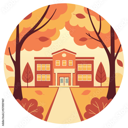 Autumn schoolyard wide shot with trees