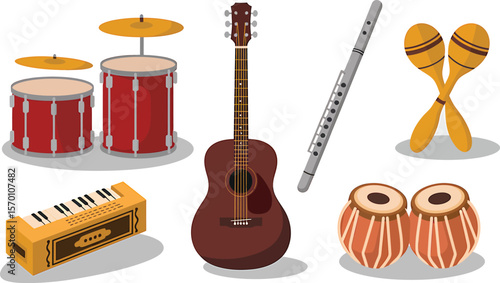 Illustration of various musical instruments including drums guitar and flute