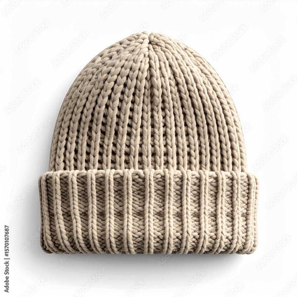 Fototapeta premium Beige Knitted Beanie Hat on White Background
