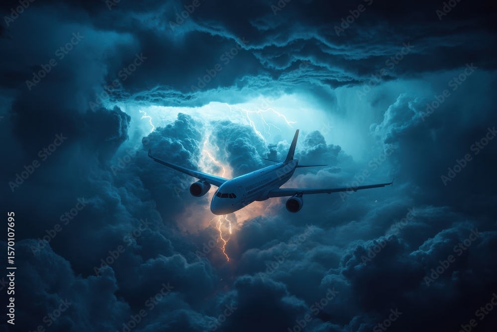 Fototapeta premium Airplane flying through stormy sky with lightning at night above the clouds; passenger jet navigating thunderstorm creates dramatic aerial view
