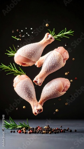 Levitating juicy chicken drumsticks spinning gently in the air with fresh rosemary and black peppercorns — perfect for culinary projects, food advertising, and gourmet presentations.