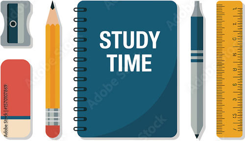 A flat lay of school supplies including a notebook and writing instruments on white