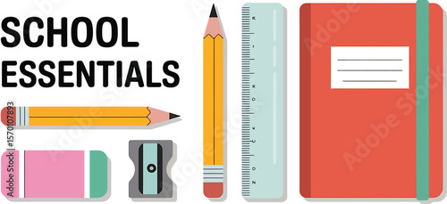 School supplies including pencils eraser sharpener ruler and notebook flat lay view