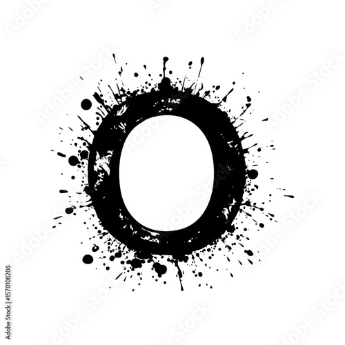Splatter-style letter "O" with ink explosion effect on white background, symbolizing creativity and bold design.