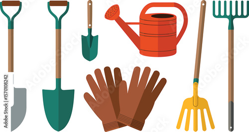 A set of gardening tools including shovels, rakes, gloves and a watering can